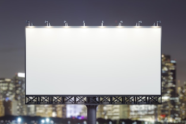 Blank white horizontal billboard on skyline background at evening front view Mock up advertising concept