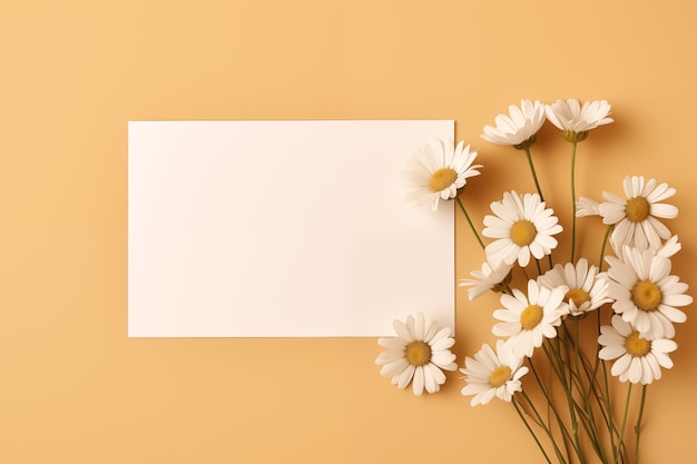 Blank white horizontal card mockup with daisy flowers Paper card mockup with copy space