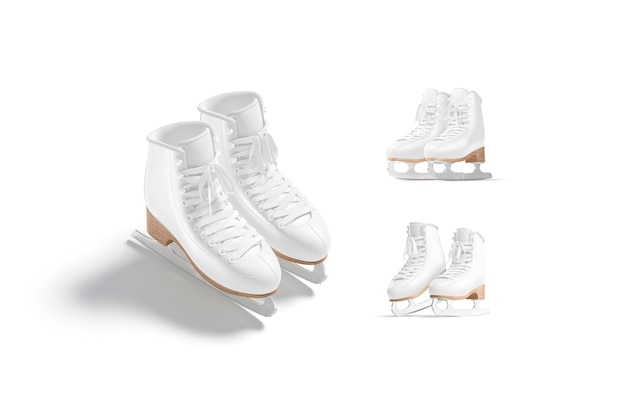 Blank white ice skates with blade mockup pair different views