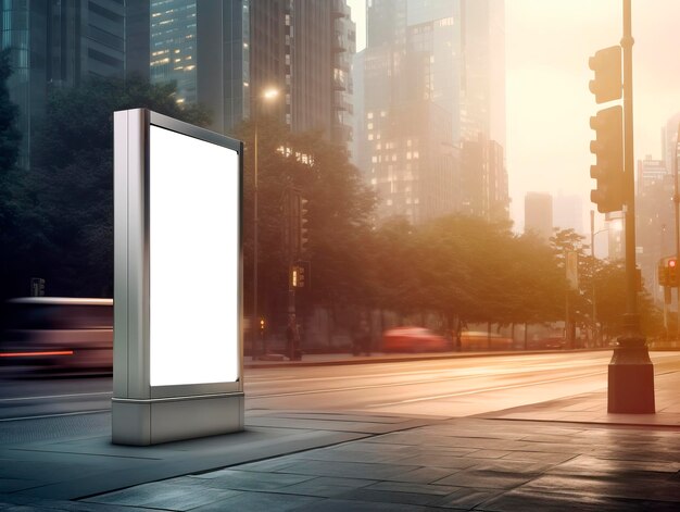 Blank white isolated lightbox on city street background at sunset mockup Generative AI