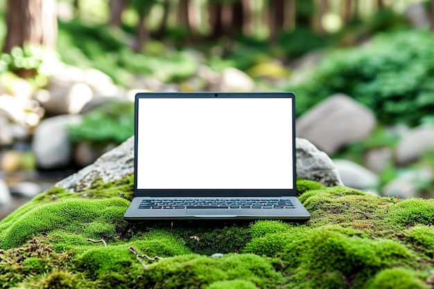 Фото Пустой белый монитор для ноутбука на лесной мохе концепция презентации продукта и рекламы