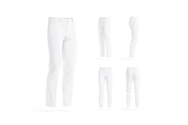 Foto pantaloni da uomo bianchi bianchi mockup con viste diverse rendering 3d daks o calzoni maschili eleganti vuoti mock up isolati pantaloni classici in cotone o denim trasparente per modello di abbigliamento uniforme o quotidiano