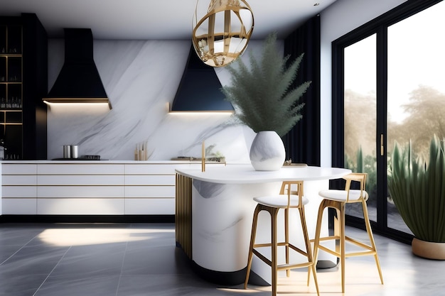 Blank white marble counter in modern luxury design cafe with counter table chair plant in sunlig