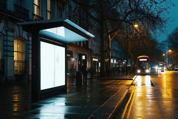 Blank white mock up of vertical light box in a bus stop at night