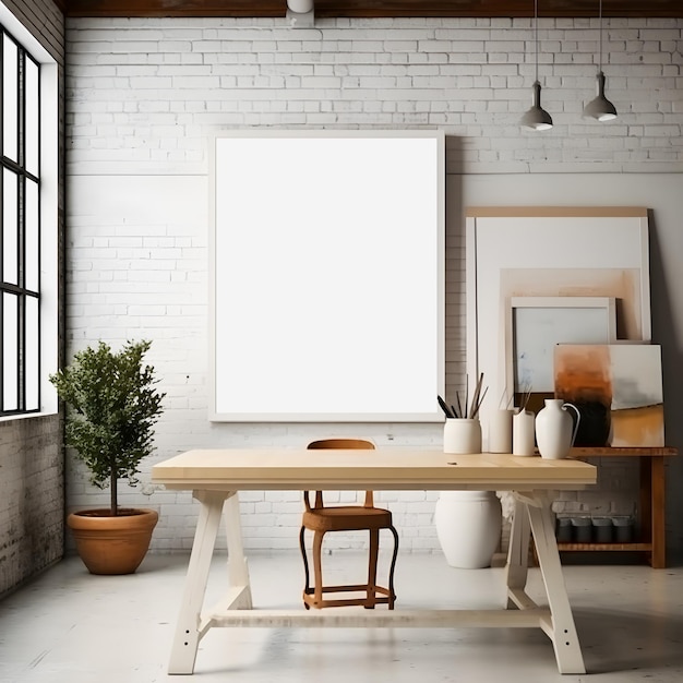 Blank White Mockup Frame in a Dynamic Art Studio Setting Unleashing Creative Potential