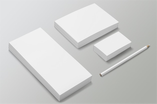 Photo blank white mockup of sheets cards and pen on the desk