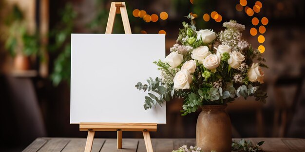 Foto modello bianco vuoto di una tela bianca su un cavalletto come segno di benvenuto a un matrimonio