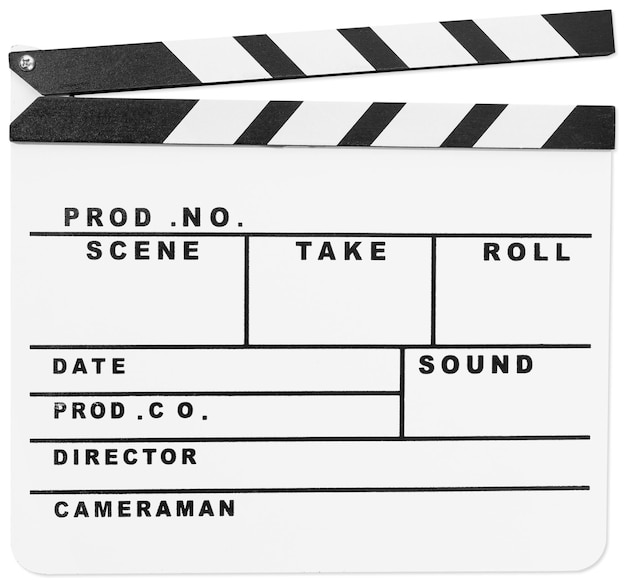 Foto blank white movie clapper board geïsoleerd op witte achtergrond