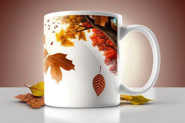 Blank white mug autumn background