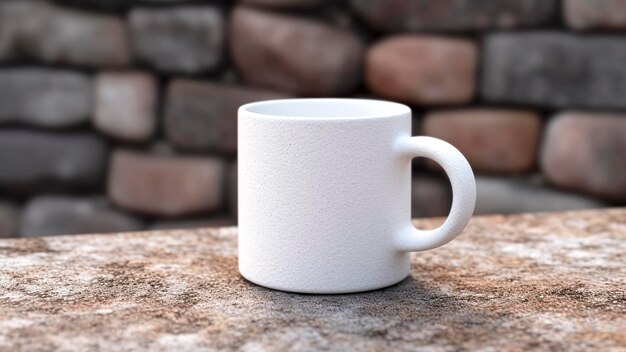 Photo a blank white mug mockup with stone wall background perfect for branding and custom design presenta