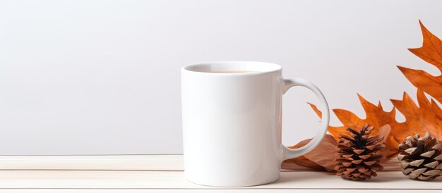 Photo blank white mug with autumn leaves and pinecones