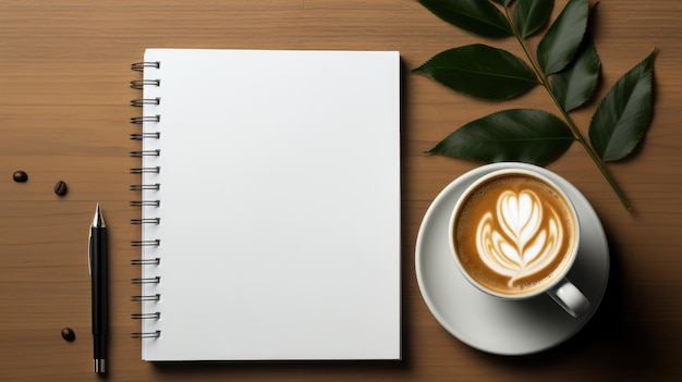 Blank white notebook and cup of coffee