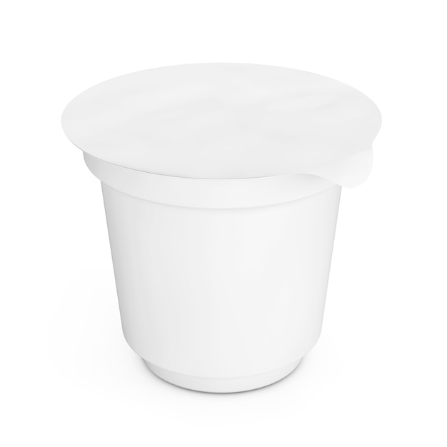 写真 白い背景の上のヨーグルト、アイスクリームまたはデザートのための空白の白い包装容器。 3dレンダリング