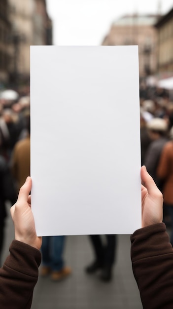 A blank white paper being held by a hand in front of a crowd of people