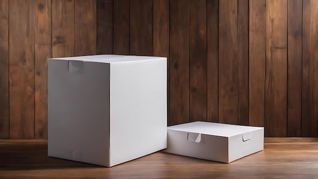 Blank white paper box on dark wood background