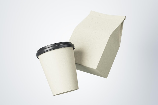 Blank white paper cup to go and white coffee package in the air at light background Mock up