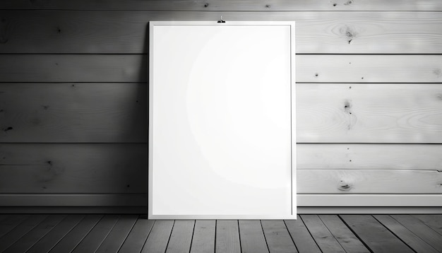 Blank white paper poster on plank wooden floor and wall Generative ai