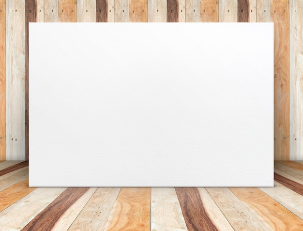 Photo blank white paper poster at wooden plank room.