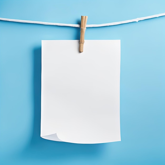 blank white paper sheet and white clip on blue background top view flat layblank sheet of white pa