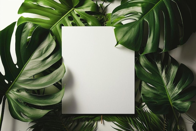 Photo a blank white paper surrounded by green leaves