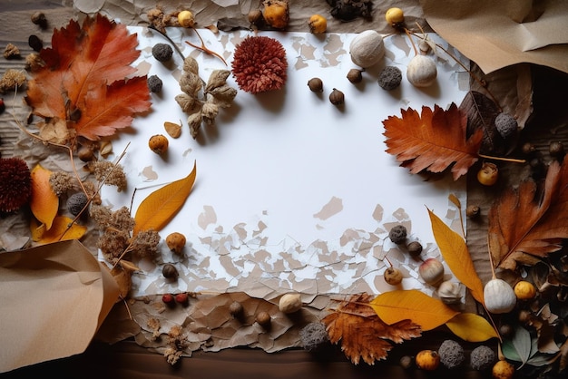 A blank white paper with a frame of autumn leaves and a white background