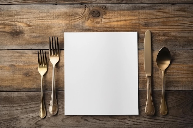 Foto un libro bianco vuoto con un coltello, una forchetta e un cucchiaio su un tavolo di legno.