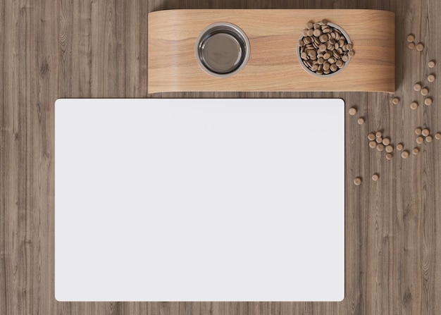 Blank white pet bowl mat on the floor at home Cat or dog food pad with copy space for picture or text Water mat mock up Pet placemat mockup Puppy feeding place 3D Rendering