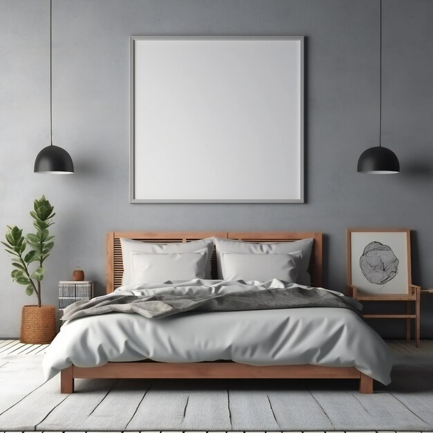 Blank white photo art frame mock up design showcase in modern bedroom interior