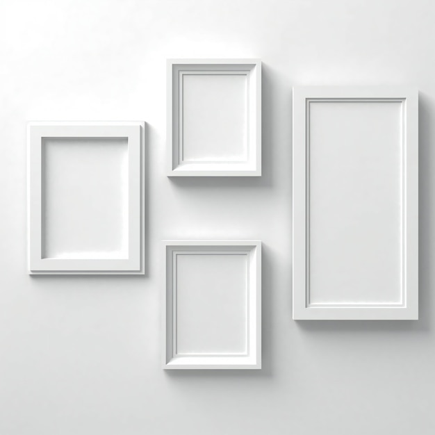 Blank white photo art frames mock up design showcase on modern wall