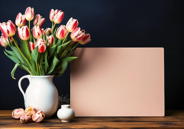 Blank white photo frame with tulips