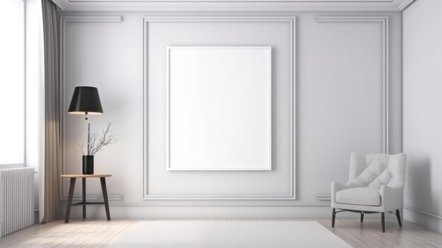 A blank white picture frame hanging on a wall.