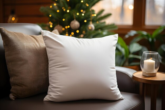 Blank white pillow mockup on black leather sofa with christmas tree and lights bokeh background Holiday template composition with decoration Copy space