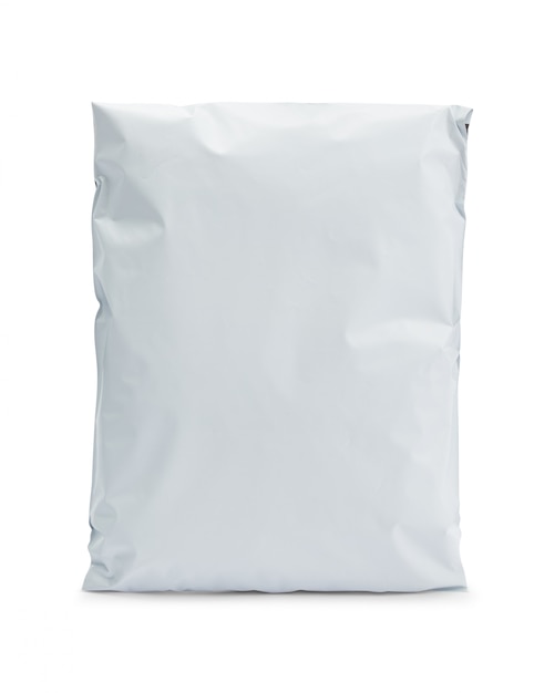 Photo blank white plastic bag package on white background