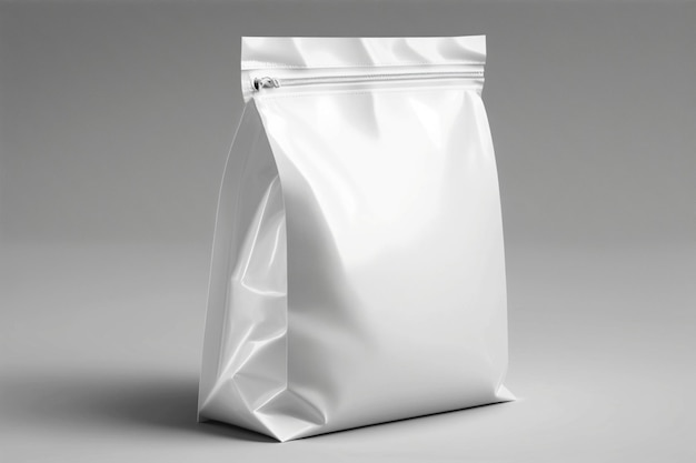 Sacchetto di plastica bianco vuoto con mockup a chiusura lampo su sfondo bianco sacchetto di plastica per sacchetti di cibo per caramelle al caffè o spezie ai generato