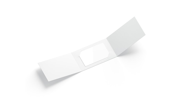 Blank white plastic card  inside opened paper booklet holder, 3d rendering.