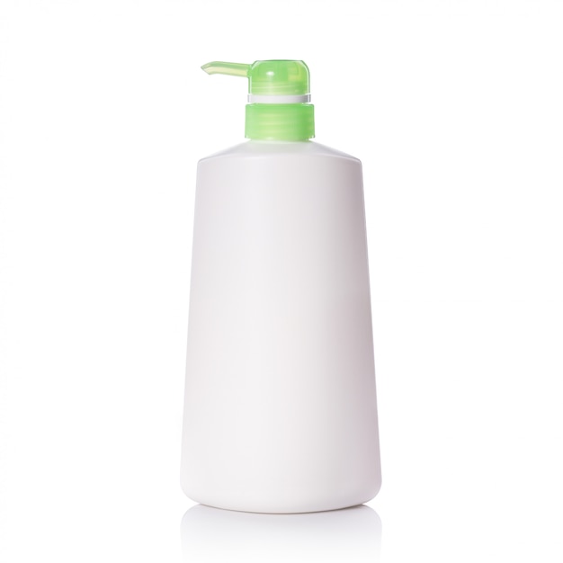 Blank white plastic pump bottle used for shampoo or soap.