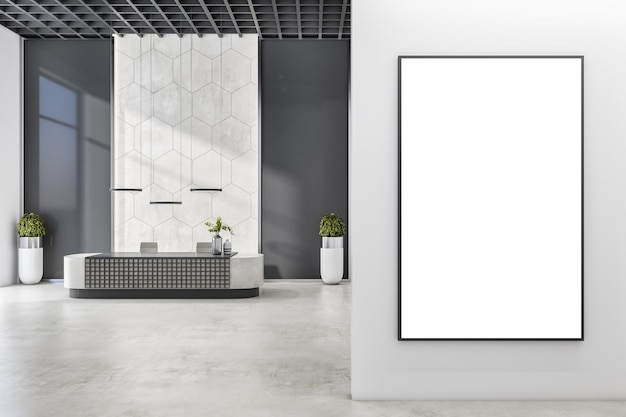 세련된 테이블 대리석 바닥과 높은 천장 3D 렌더링 모형이 있는 리셉션 공간의 밝은 벽에 있는 검은색 프레임의 빈 흰색 포스터