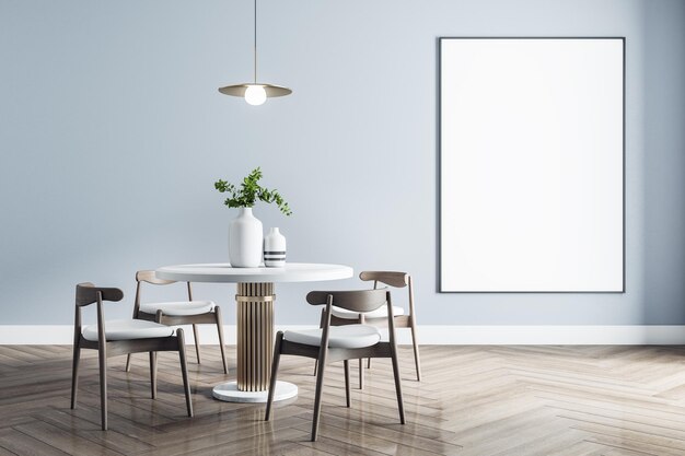 Blank white poster in black frame in stylish dining room with modern white furniture with golden details and wooden parquet Mock up