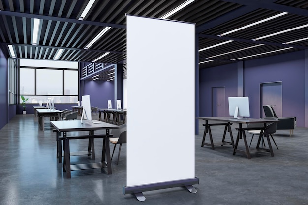 Blank white poster on concrete floor in stylish open space office with dark wooden ceiling black wooden work tables with modern computers and city view from big windows 3D rendering mockup