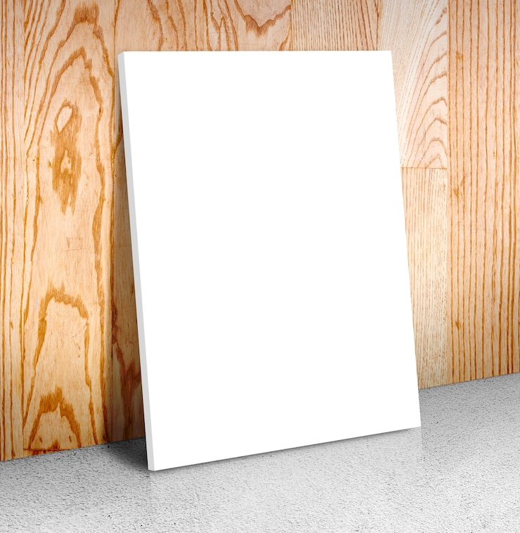 Photo blank white poster frame at concrete floor and wooden wall