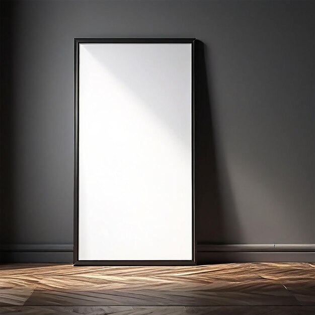 a blank white poster is on a wooden floor