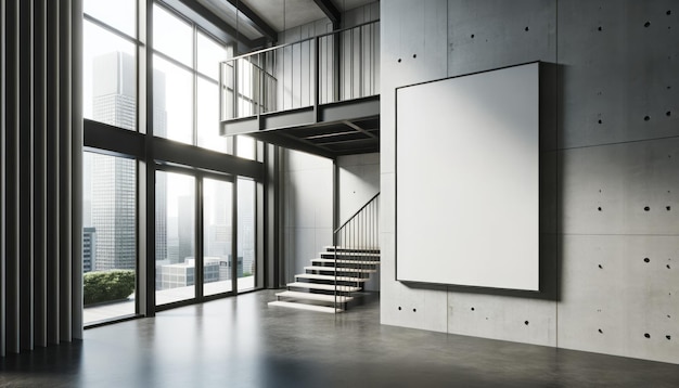 広々としたロフトのオフィス入口モックアップにある空白の白いポスタージェネレーティブAI
