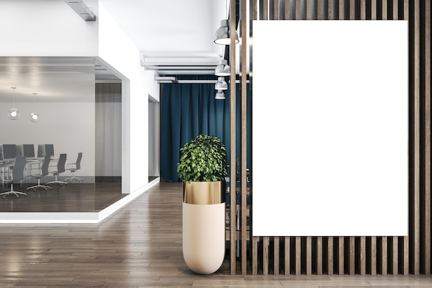 Blank white poster on wooden partition in stylish office space with tree in a flowerpot on wooden parquet and work place behind a glass wall Mockup