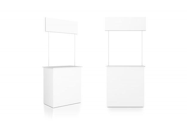 空白の白いプロモーションカウンタースタンド、正面図と側面図