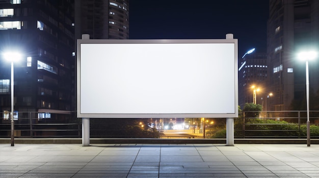 Blank white road billboard with cityscape background at night time Street advertising poster mock up 3D style Ready for custom design