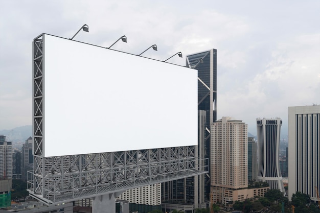 Blank white road billboard with KL cityscape background at day time Street advertising poster mock up 3D rendering Side view The concept of marketing communication to promote or sell idea