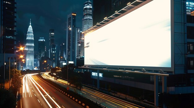 Photo blank white road billboard with kl cityscape background at night time street adverti generative ai