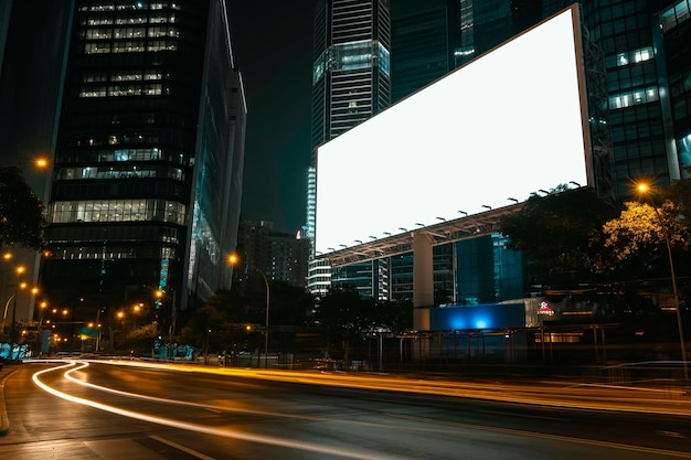 Foto un cartellone bianco bianco con lo sfondo del paesaggio cittadino di kl di notte