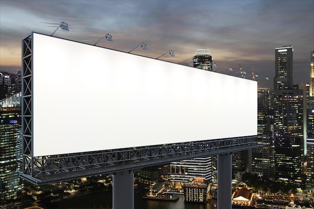 Foto cartellone stradale bianco vuoto con sfondo paesaggio urbano di singapore di notte poster pubblicitario di strada mock up rendering 3d vista laterale il concetto di comunicazione di marketing per vendere un'idea