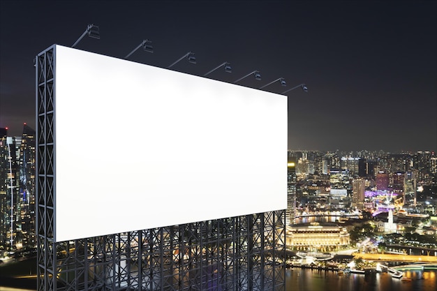 Blank white road billboard with Singapore cityscape background at night time Street advertising poster mock up 3D rendering Side view The concept of marketing communication to sell idea